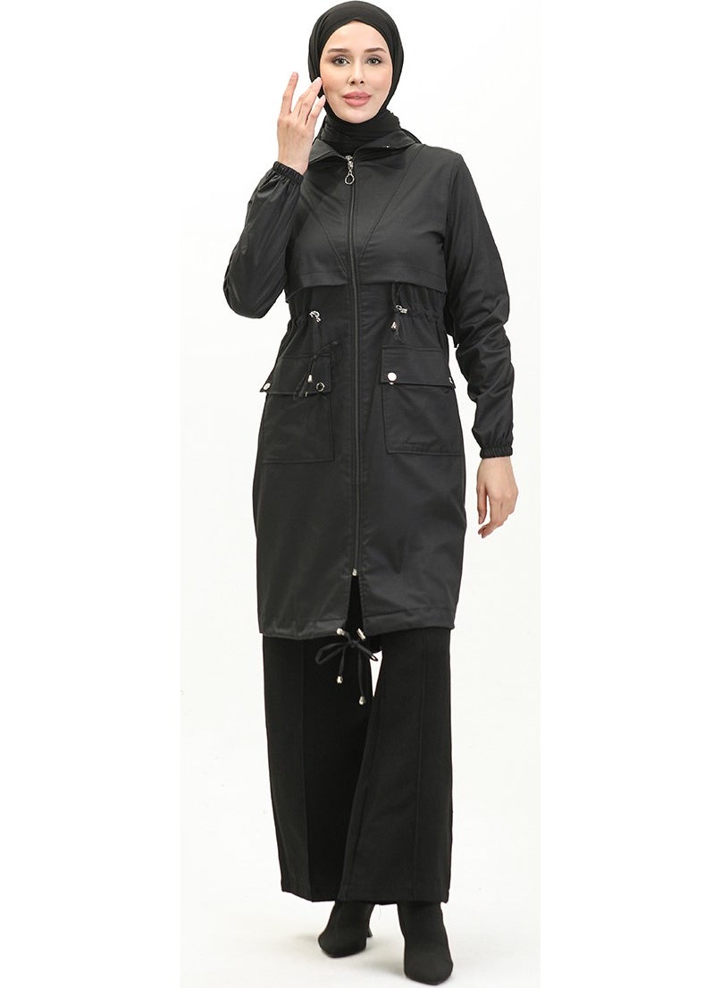 Waist Drawstring Trench Coat 61331-01 Black