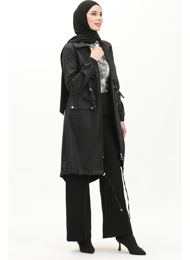 Waist Drawstring Trench Coat 61331-01 Black
