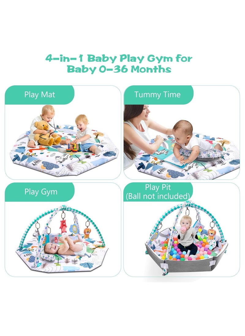 Tummy Time Mat, 4-in-1 Baby Play Mat Gym Activity for Infants Toddlers, with High Contrast Toys & Self-Discovery Mirror & Tummy Time Pillow for Sensory and Motor Skill Development. (Blue)