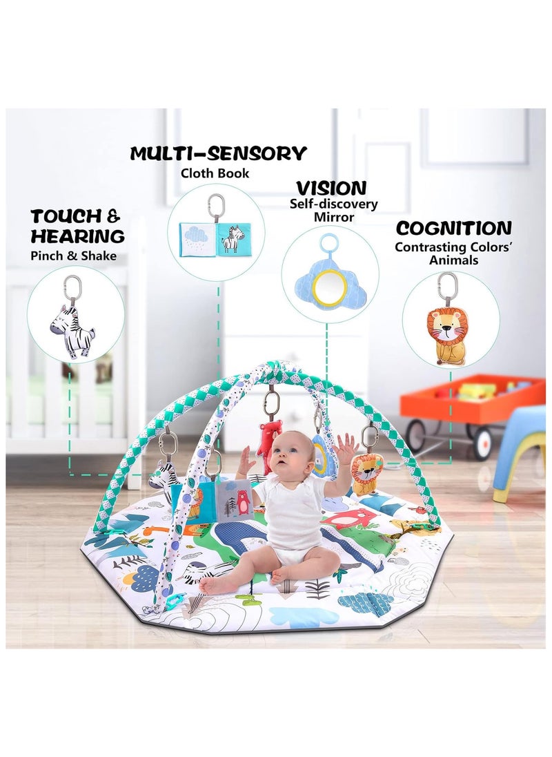 Tummy Time Mat, 4-in-1 Baby Play Mat Gym Activity for Infants Toddlers, with High Contrast Toys & Self-Discovery Mirror & Tummy Time Pillow for Sensory and Motor Skill Development. (Blue)