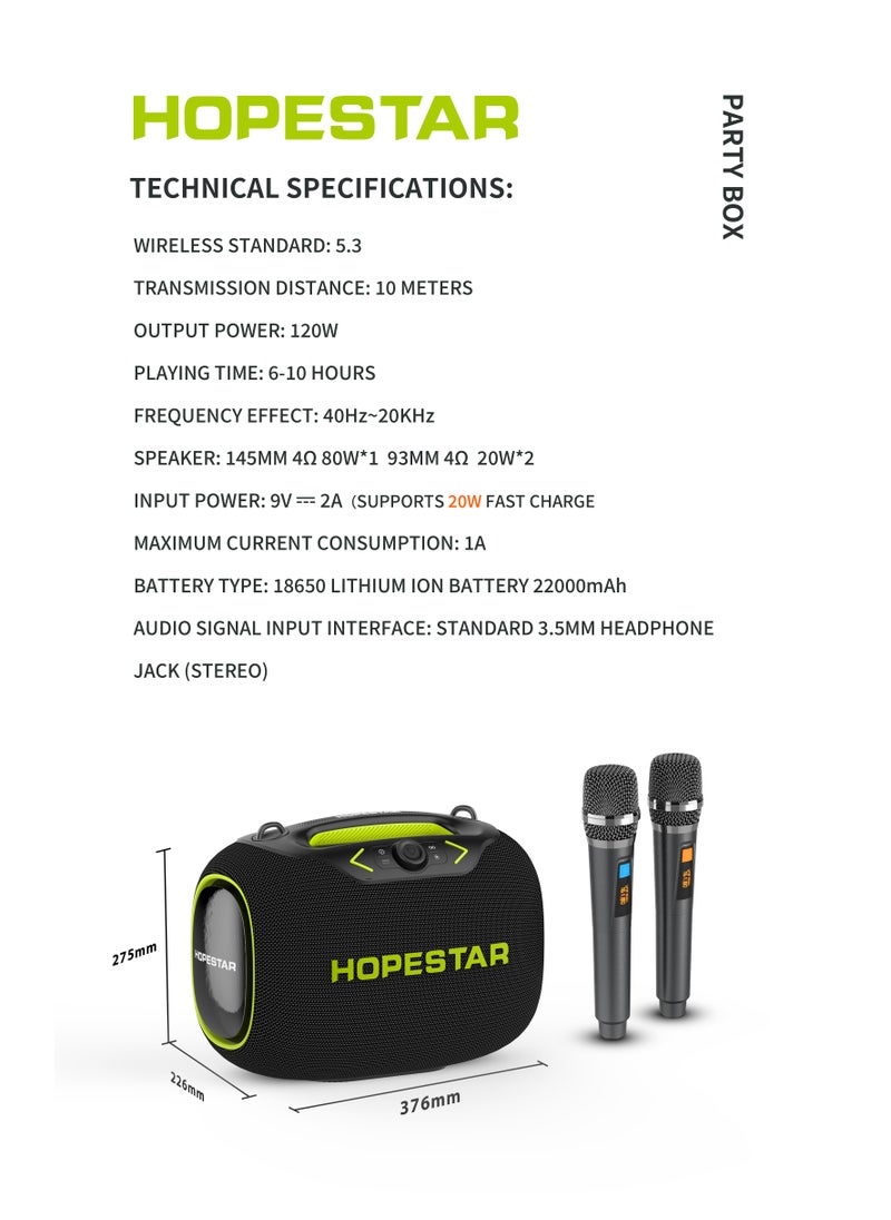 Party Box 120W Portable Bluetooth Speaker with Dual Wireless Microphones, 200W Fast Charging, IPX6 Waterproof, DSP Chip, 10-Hour Playtime, RGB Lights – Ideal for Outdoor, Karaoke, and Family Gatherings