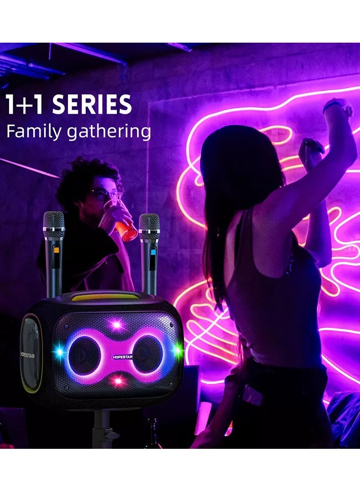 Party Box 120W Portable Bluetooth Speaker with Dual Wireless Microphones, 200W Fast Charging, IPX6 Waterproof, DSP Chip, 10-Hour Playtime, RGB Lights – Ideal for Outdoor, Karaoke, and Family Gatherings