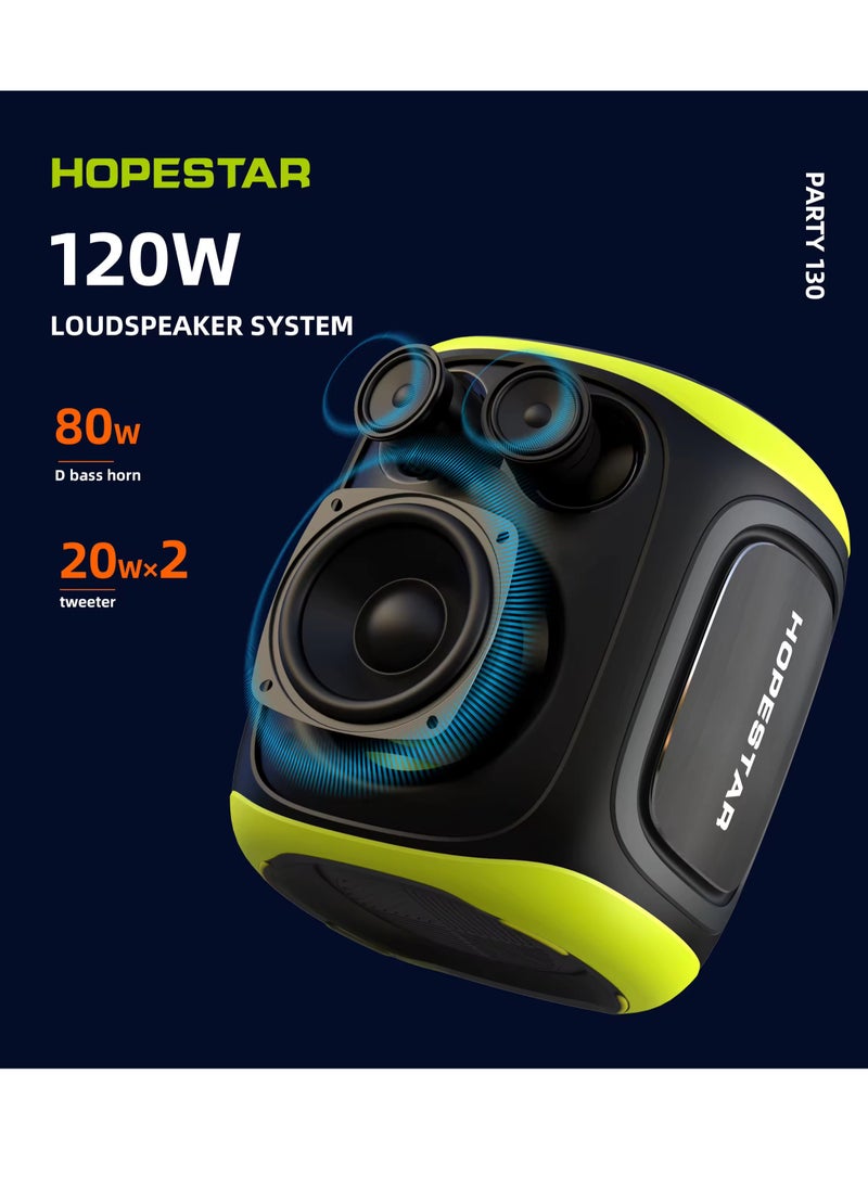 Party 130 Portable Bluetooth Speaker with 120W Powerful Audio, 80W Bass Horn, Dual Wireless Microphones, IPX5 Waterproof, 22000mAh Battery, 10-Hour Playback – Perfect for Outdoor Parties, Karaoke, and Events