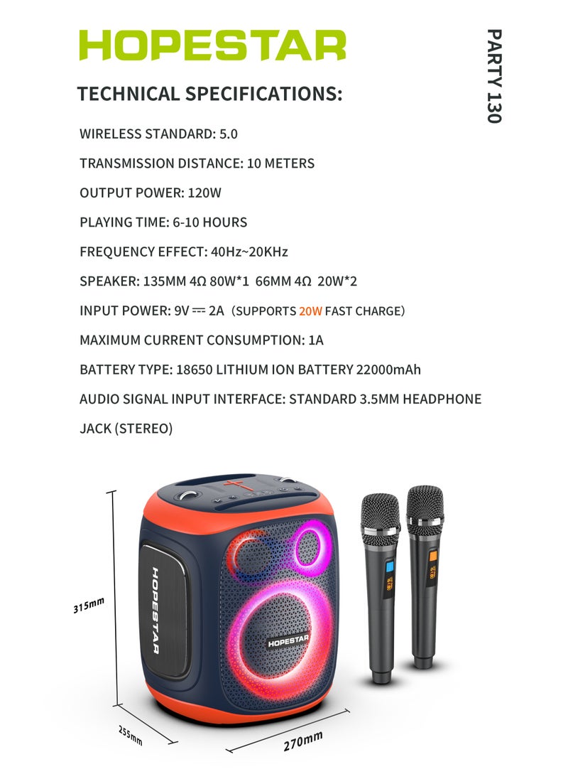 Party 130 Portable Bluetooth Speaker with 120W Powerful Audio, 80W Bass Horn, Dual Wireless Microphones, IPX5 Waterproof, 22000mAh Battery, 10-Hour Playback – Perfect for Outdoor Parties, Karaoke, and Events