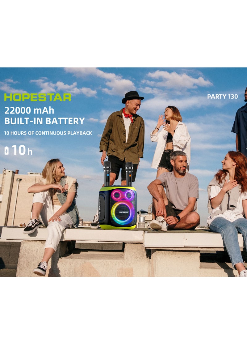 Party 130 Portable Bluetooth Speaker with 120W Powerful Audio, 80W Bass Horn, Dual Wireless Microphones, IPX5 Waterproof, 22000mAh Battery, 10-Hour Playback – Perfect for Outdoor Parties, Karaoke, and Events