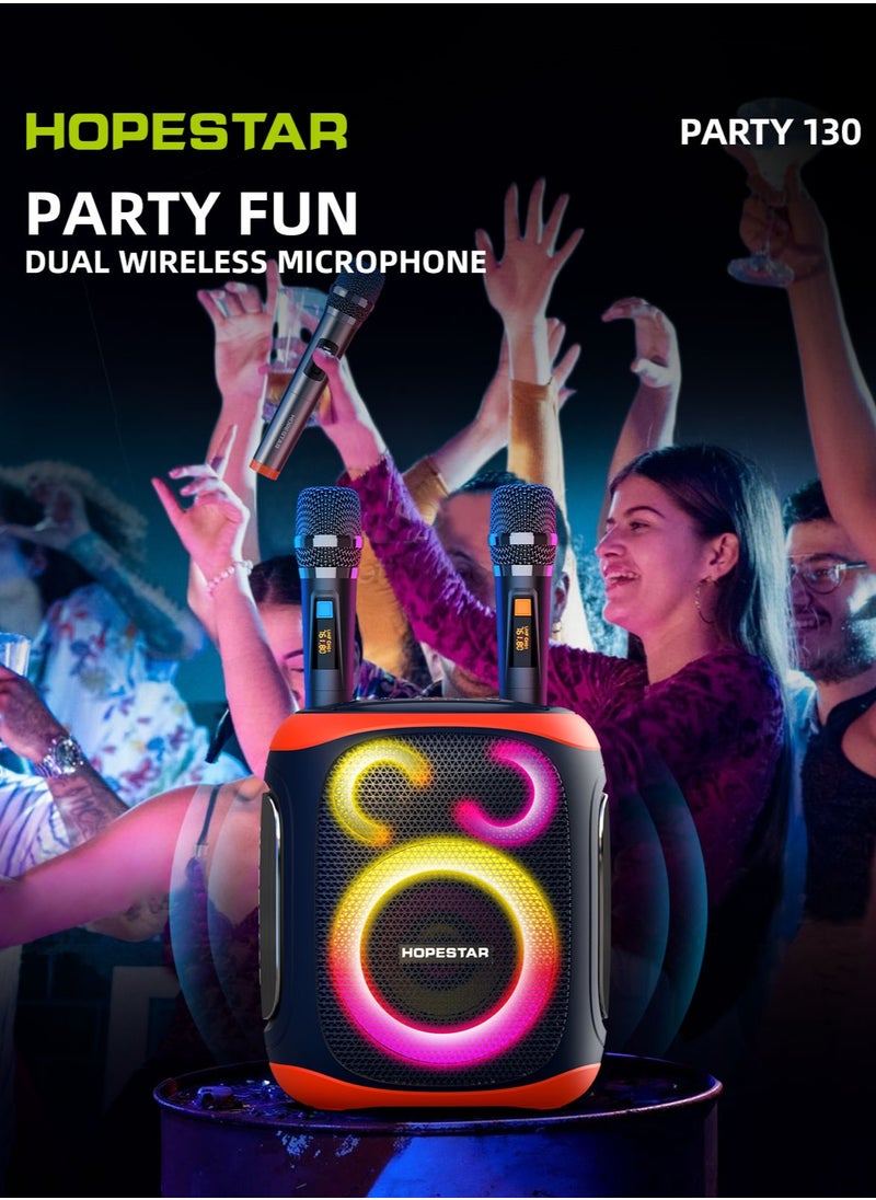 Party 130 Portable Bluetooth Speaker with 120W Powerful Audio, 80W Bass Horn, Dual Wireless Microphones, IPX5 Waterproof, 22000mAh Battery, 10-Hour Playback – Perfect for Outdoor Parties, Karaoke, and Events