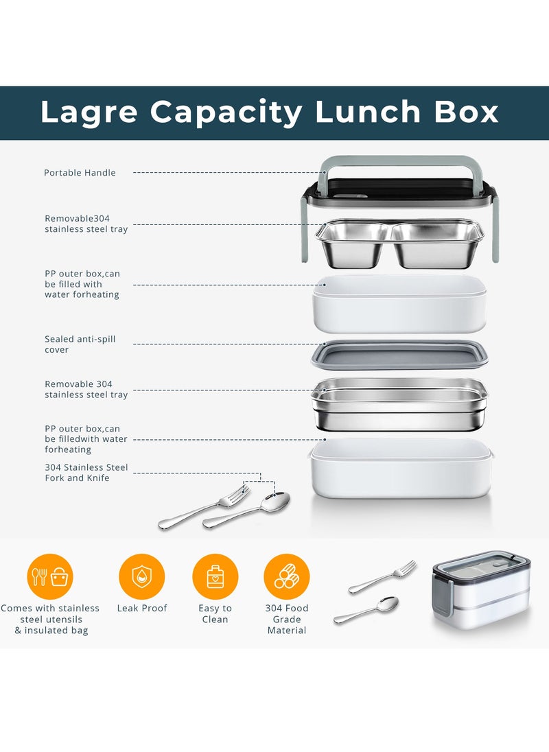 Adando Stainless Steel Lunch Box-1400ml Double Layer Microwave-Safe Bento Box- 304 Leakproof Tiffin box- Thermos Lunch Box Thermal Insulation Detachable- for Adults Students Office School- with Thermal Bag & Cutlery - علبة الغداء للأطفال لانش بوكس للكبار