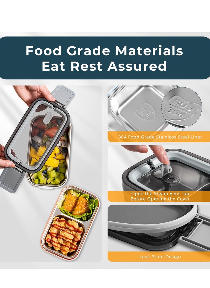 Adando Stainless Steel Lunch Box-1400ml Double Layer Microwave-Safe Bento Box- 304 Leakproof Tiffin box- Thermos Lunch Box Thermal Insulation Detachable- for Adults Students Office School- with Thermal Bag & Cutlery - علبة الغداء للأطفال لانش بوكس للكبار