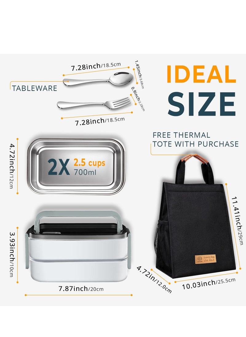 Adando Stainless Steel Lunch Box-1400ml Double Layer Microwave-Safe Bento Box- 304 Leakproof Tiffin box- Thermos Lunch Box Thermal Insulation Detachable- for Adults Students Office School- with Thermal Bag & Cutlery - علبة الغداء للأطفال لانش بوكس للكبار