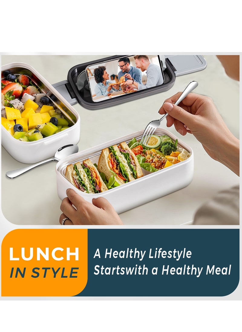 Adando Stainless Steel Lunch Box-1400ml Double Layer Microwave-Safe Bento Box- 304 Leakproof Tiffin box- Thermos Lunch Box Thermal Insulation Detachable- for Adults Students Office School- with Thermal Bag & Cutlery - علبة الغداء للأطفال لانش بوكس للكبار