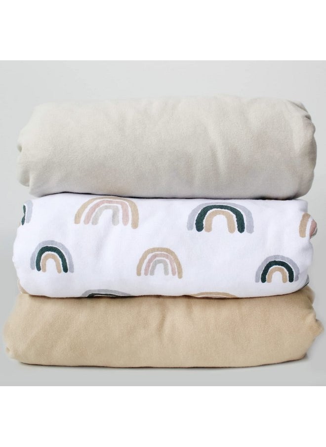 NODNAL CO. 3 Fitted Crib Sheets Rainbow & Solid Colors Set - 100% Oeko-TEX Cotton for Baby Girl/Boy Nursery Bedding - Boho Gender Neutral Watercolor Beige/Tan Set Toddler Mattress 28”x52”x9” Sheet