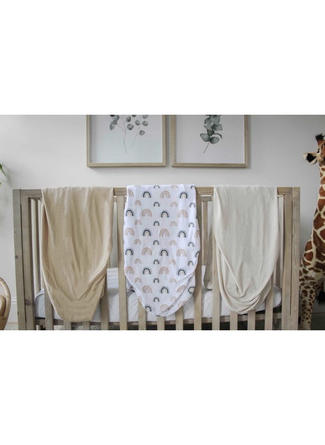 NODNAL CO. 3 Fitted Crib Sheets Rainbow & Solid Colors Set - 100% Oeko-TEX Cotton for Baby Girl/Boy Nursery Bedding - Boho Gender Neutral Watercolor Beige/Tan Set Toddler Mattress 28”x52”x9” Sheet