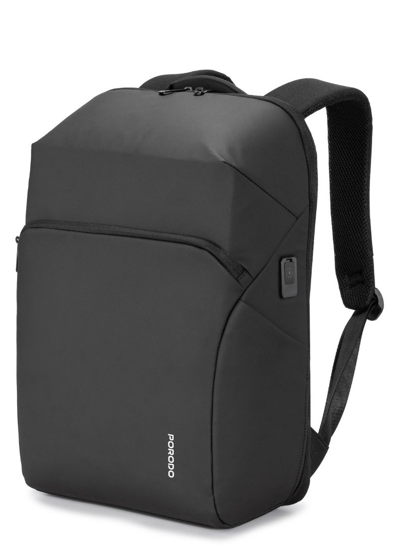 PU Backpack with PD 40W & Water-Resistant / Space-Saving Compression / Dual Padded Laptop Slots / Trolley Sleeve Design / Type-C Charging Port / Durable Back Pack for Professionals and Students- Black