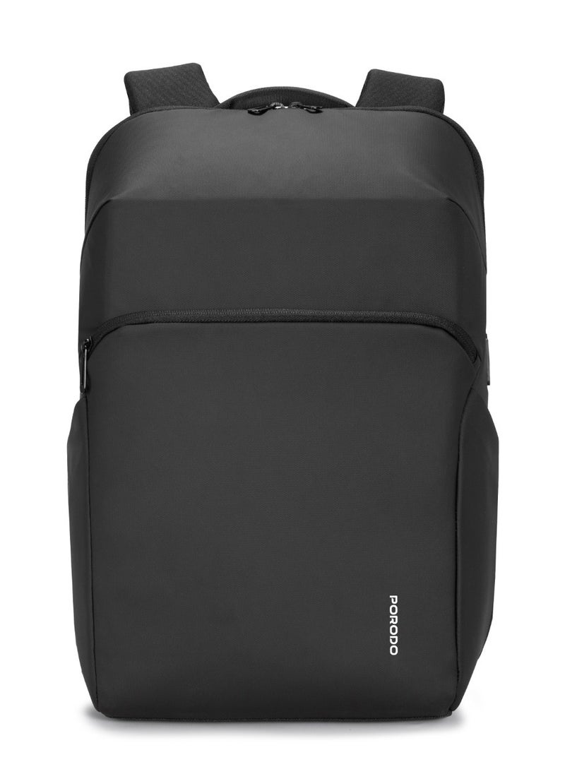 PU Backpack with PD 40W & Water-Resistant / Space-Saving Compression / Dual Padded Laptop Slots / Trolley Sleeve Design / Type-C Charging Port / Durable Back Pack for Professionals and Students- Black