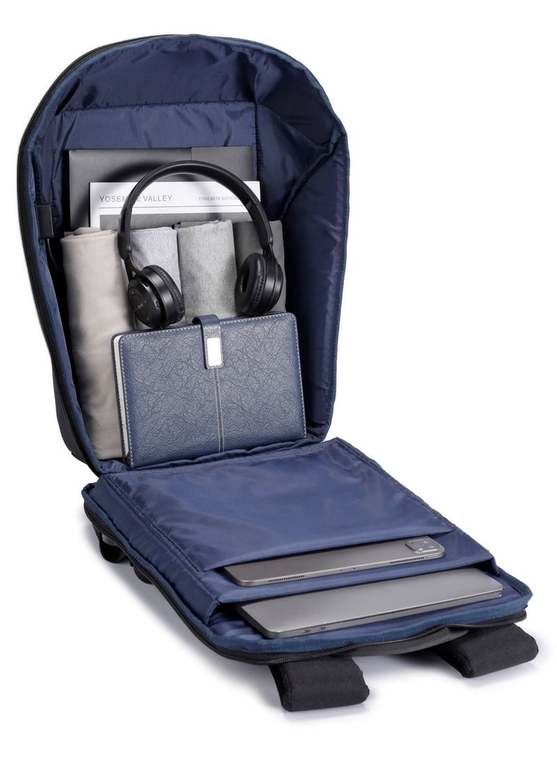PU Backpack with PD 40W & Water-Resistant / Space-Saving Compression / Dual Padded Laptop Slots / Trolley Sleeve Design / Type-C Charging Port / Durable Back Pack for Professionals and Students- Black