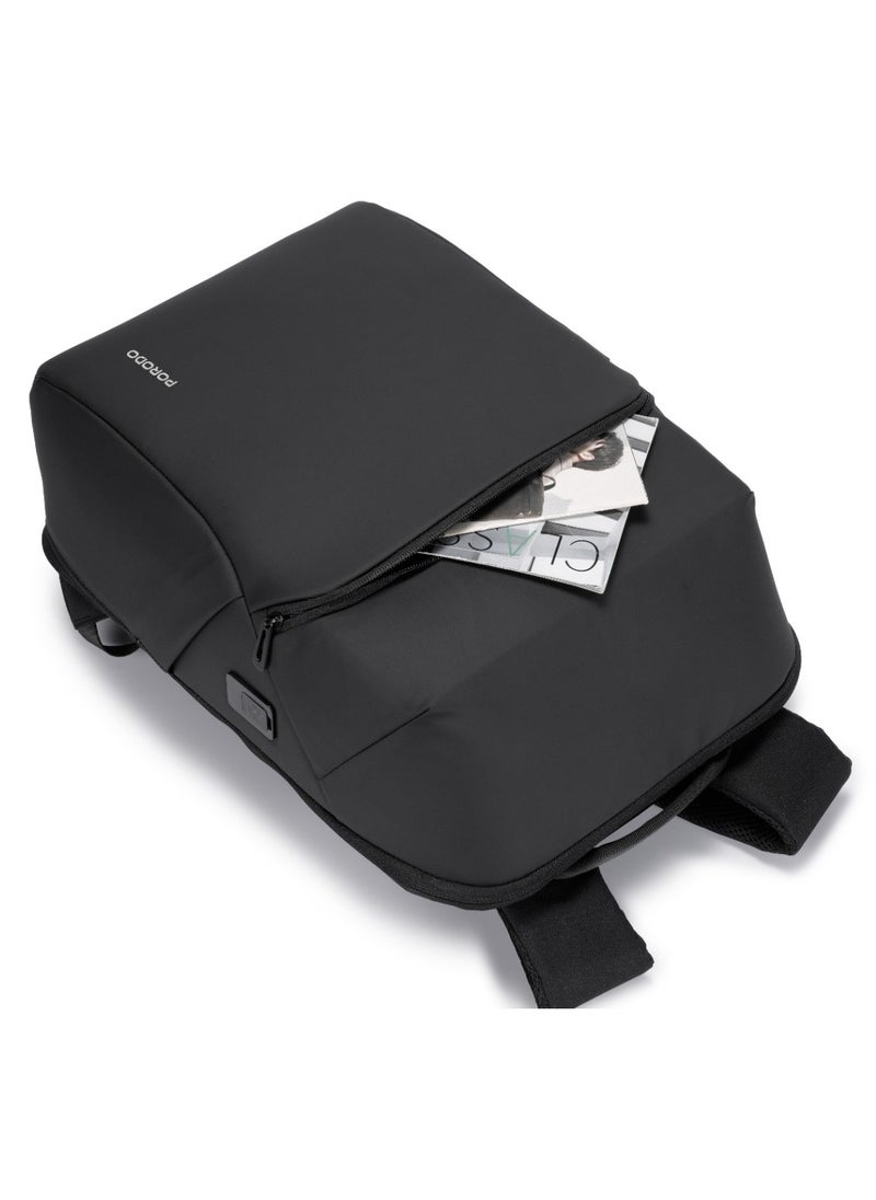 PU Backpack with PD 40W & Water-Resistant / Space-Saving Compression / Dual Padded Laptop Slots / Trolley Sleeve Design / Type-C Charging Port / Durable Back Pack for Professionals and Students- Black