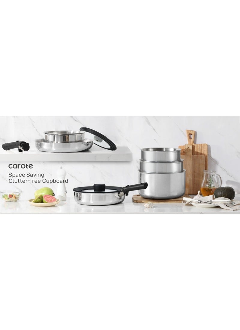 14 Piece Detachable Stainless Steel Tri-Ply Bottom Cookware Set, 1X 18Cm Saucepan with silicone lid, 1X20Cm Saucepan, 1X22Cm Saucepan, 1X24Cm Casserole with Side Handles with silicone lid, 1X26Cm Deep Frying Pan, 1x18cm Steamer, 2 handles, Black