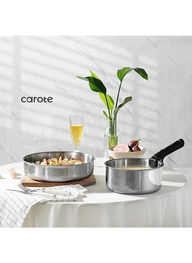 14 Piece Detachable Stainless Steel Tri-Ply Bottom Cookware Set, 1X 18Cm Saucepan with silicone lid, 1X20Cm Saucepan, 1X22Cm Saucepan, 1X24Cm Casserole with Side Handles with silicone lid, 1X26Cm Deep Frying Pan, 1x18cm Steamer, 2 handles, Black