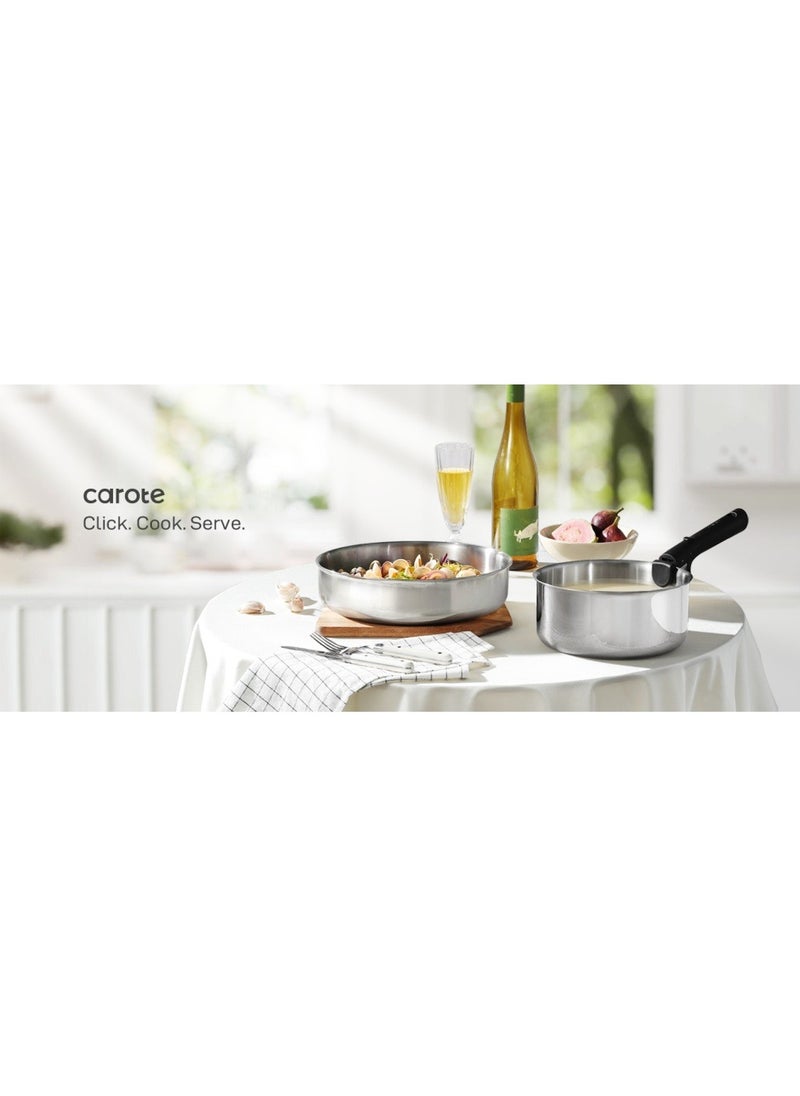 14 Piece Detachable Stainless Steel Tri-Ply Bottom Cookware Set, 1X 18Cm Saucepan with silicone lid, 1X20Cm Saucepan, 1X22Cm Saucepan, 1X24Cm Casserole with Side Handles with silicone lid, 1X26Cm Deep Frying Pan, 1x18cm Steamer, 2 handles, Black