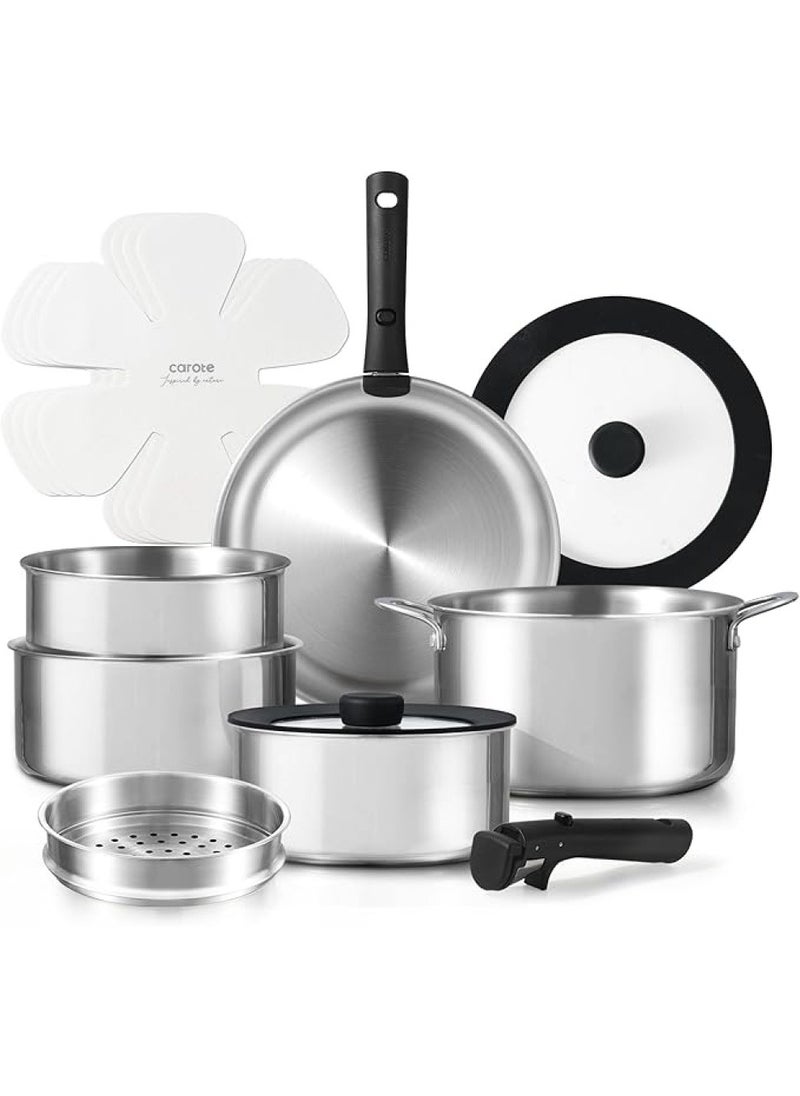 14 Piece Detachable Stainless Steel Tri-Ply Bottom Cookware Set, 1X 18Cm Saucepan with silicone lid, 1X20Cm Saucepan, 1X22Cm Saucepan, 1X24Cm Casserole with Side Handles with silicone lid, 1X26Cm Deep Frying Pan, 1x18cm Steamer, 2 handles, Black