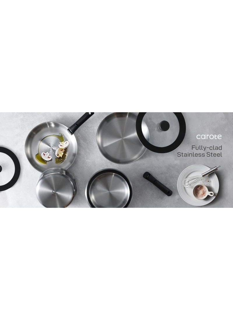 14 Piece Detachable Stainless Steel Tri-Ply Bottom Cookware Set, 1X 18Cm Saucepan with silicone lid, 1X20Cm Saucepan, 1X22Cm Saucepan, 1X24Cm Casserole with Side Handles with silicone lid, 1X26Cm Deep Frying Pan, 1x18cm Steamer, 2 handles, Black