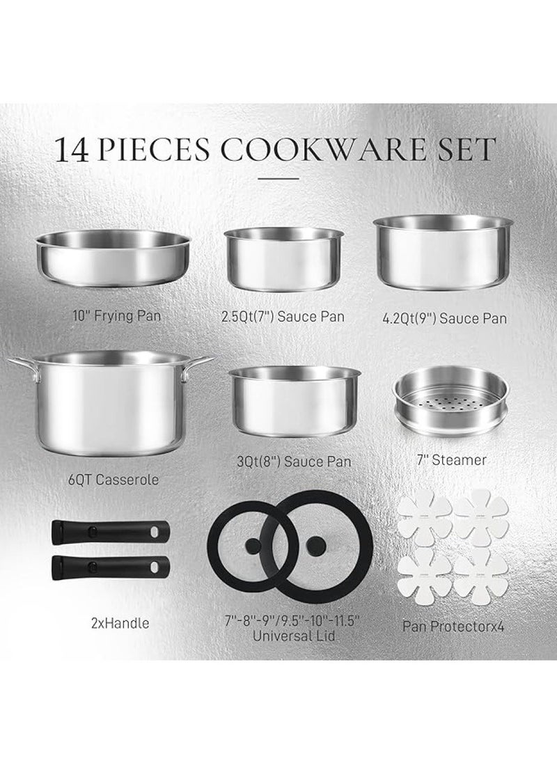 14 Piece Detachable Stainless Steel Tri-Ply Bottom Cookware Set, 1X 18Cm Saucepan with silicone lid, 1X20Cm Saucepan, 1X22Cm Saucepan, 1X24Cm Casserole with Side Handles with silicone lid, 1X26Cm Deep Frying Pan, 1x18cm Steamer, 2 handles, Black