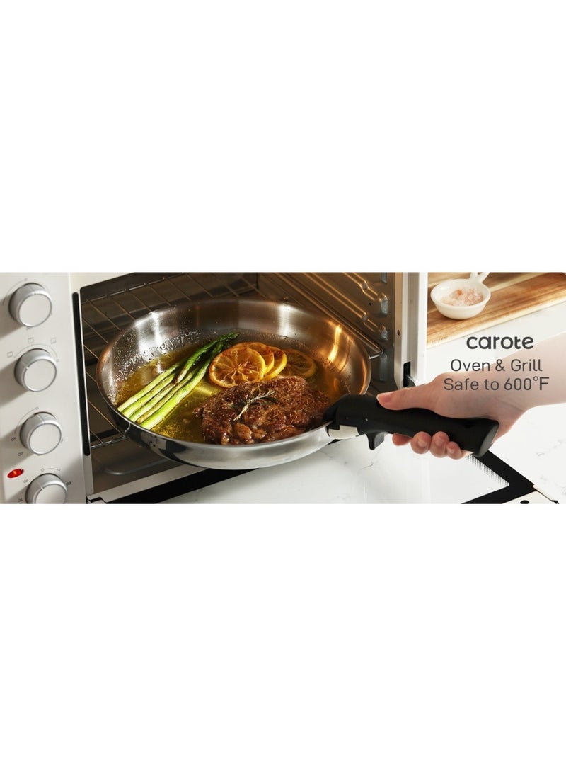 14 Piece Detachable Stainless Steel Tri-Ply Bottom Cookware Set, 1X 18Cm Saucepan with silicone lid, 1X20Cm Saucepan, 1X22Cm Saucepan, 1X24Cm Casserole with Side Handles with silicone lid, 1X26Cm Deep Frying Pan, 1x18cm Steamer, 2 handles, Black