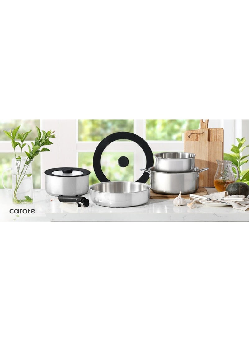 14 Piece Detachable Stainless Steel Tri-Ply Bottom Cookware Set, 1X 18Cm Saucepan with silicone lid, 1X20Cm Saucepan, 1X22Cm Saucepan, 1X24Cm Casserole with Side Handles with silicone lid, 1X26Cm Deep Frying Pan, 1x18cm Steamer, 2 handles, Black