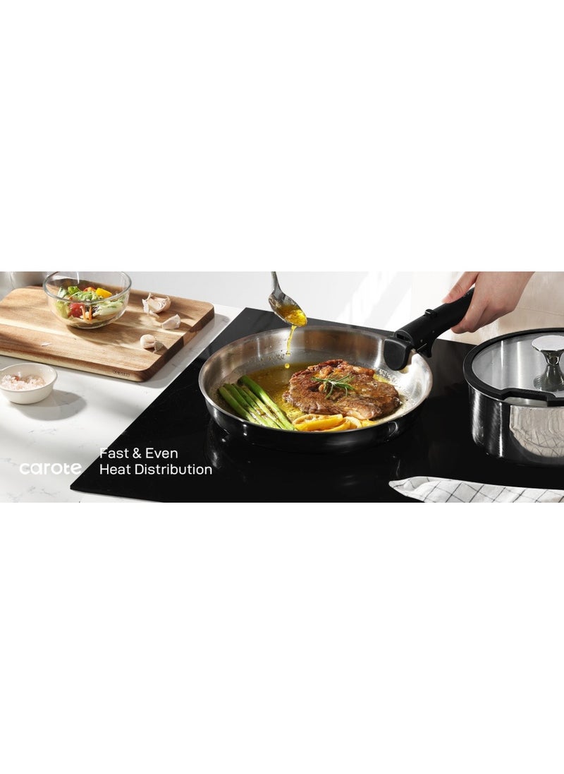 14 Piece Detachable Stainless Steel Tri-Ply Bottom Cookware Set, 1X 18Cm Saucepan with silicone lid, 1X20Cm Saucepan, 1X22Cm Saucepan, 1X24Cm Casserole with Side Handles with silicone lid, 1X26Cm Deep Frying Pan, 1x18cm Steamer, 2 handles, Black