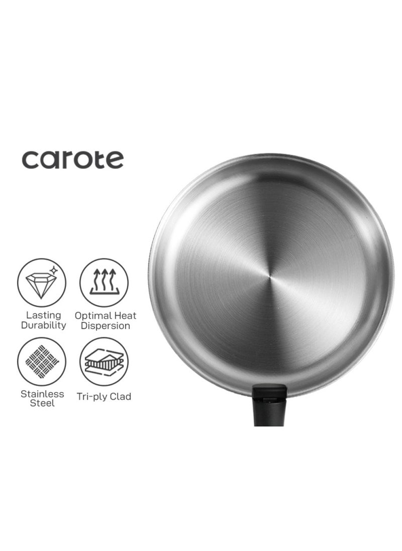 14 Piece Detachable Stainless Steel Tri-Ply Bottom Cookware Set, 1X 18Cm Saucepan with silicone lid, 1X20Cm Saucepan, 1X22Cm Saucepan, 1X24Cm Casserole with Side Handles with silicone lid, 1X26Cm Deep Frying Pan, 1x18cm Steamer, 2 handles, Black