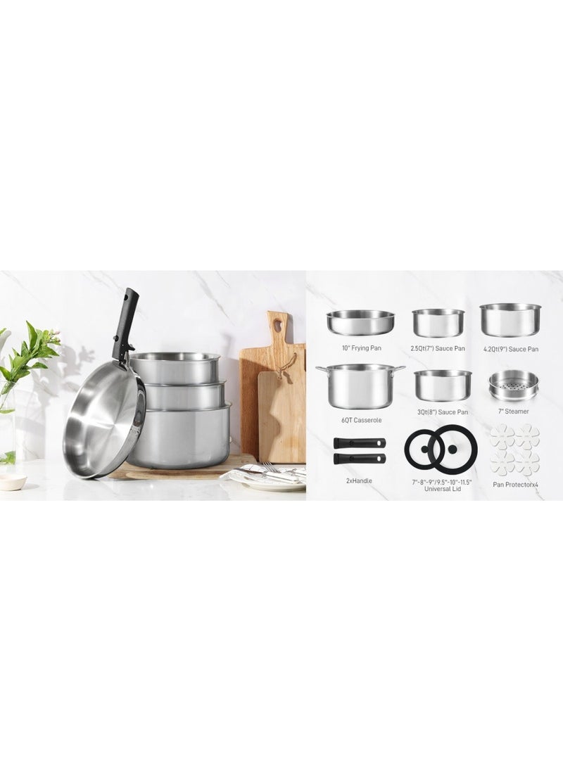 14 Piece Detachable Stainless Steel Tri-Ply Bottom Cookware Set, 1X 18Cm Saucepan with silicone lid, 1X20Cm Saucepan, 1X22Cm Saucepan, 1X24Cm Casserole with Side Handles with silicone lid, 1X26Cm Deep Frying Pan, 1x18cm Steamer, 2 handles, Black