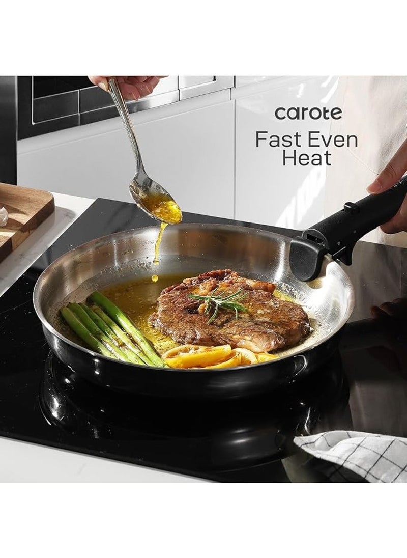 14 Piece Detachable Stainless Steel Tri-Ply Bottom Cookware Set, 1X 18Cm Saucepan with silicone lid, 1X20Cm Saucepan, 1X22Cm Saucepan, 1X24Cm Casserole with Side Handles with silicone lid, 1X26Cm Deep Frying Pan, 1x18cm Steamer, 2 handles, Black