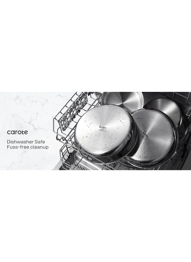 14 Piece Detachable Stainless Steel Tri-Ply Bottom Cookware Set, 1X 18Cm Saucepan with silicone lid, 1X20Cm Saucepan, 1X22Cm Saucepan, 1X24Cm Casserole with Side Handles with silicone lid, 1X26Cm Deep Frying Pan, 1x18cm Steamer, 2 handles, Black