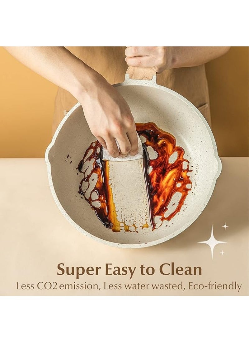 11 Piece Swiss Granite Coating Cookware Set Pots And Pans With Wooden Handles, Non-Stick, 1X24Cm Frying Pan, 1X28Cm Frying Pan, 1X28Cm Sauce Pan With Lid, 1X18Cm Sauce Pan With Lid, 1X24Cm Casserole With Lid, 1X Tongs, 1X Laddle, 1X Turner, Ice Cream