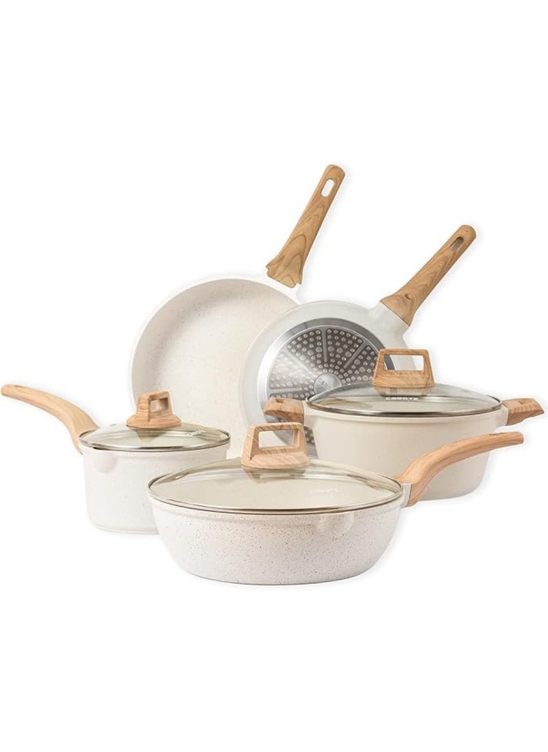 11 Piece Swiss Granite Coating Cookware Set Pots And Pans With Wooden Handles, Non-Stick, 1X24Cm Frying Pan, 1X28Cm Frying Pan, 1X28Cm Sauce Pan With Lid, 1X18Cm Sauce Pan With Lid, 1X24Cm Casserole With Lid, 1X Tongs, 1X Laddle, 1X Turner, Ice Cream