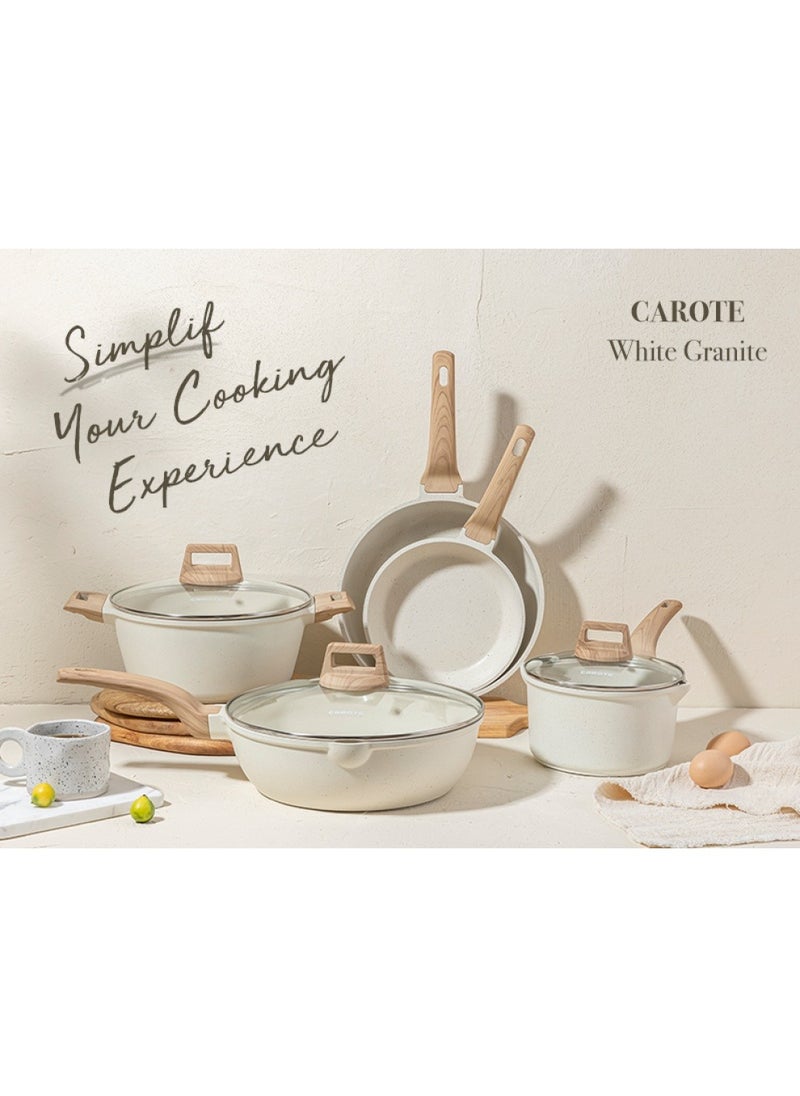 11 Piece Swiss Granite Coating Cookware Set Pots And Pans With Wooden Handles, Non-Stick, 1X24Cm Frying Pan, 1X28Cm Frying Pan, 1X28Cm Sauce Pan With Lid, 1X18Cm Sauce Pan With Lid, 1X24Cm Casserole With Lid, 1X Tongs, 1X Laddle, 1X Turner, Ice Cream