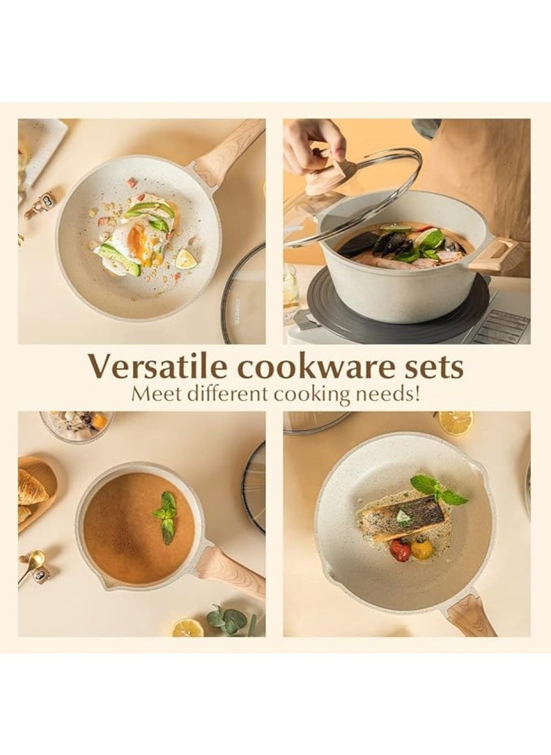 11 Piece Swiss Granite Coating Cookware Set Pots And Pans With Wooden Handles, Non-Stick, 1X24Cm Frying Pan, 1X28Cm Frying Pan, 1X28Cm Sauce Pan With Lid, 1X18Cm Sauce Pan With Lid, 1X24Cm Casserole With Lid, 1X Tongs, 1X Laddle, 1X Turner, Ice Cream