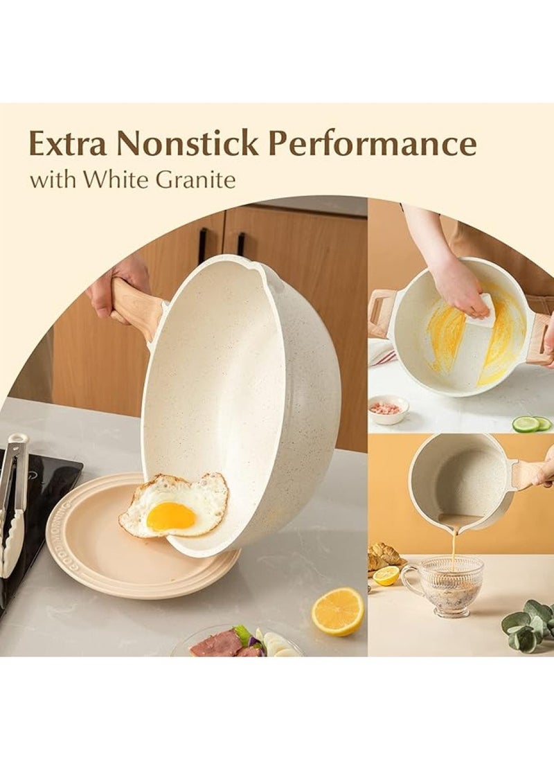 11 Piece Swiss Granite Coating Cookware Set Pots And Pans With Wooden Handles, Non-Stick, 1X24Cm Frying Pan, 1X28Cm Frying Pan, 1X28Cm Sauce Pan With Lid, 1X18Cm Sauce Pan With Lid, 1X24Cm Casserole With Lid, 1X Tongs, 1X Laddle, 1X Turner, Ice Cream