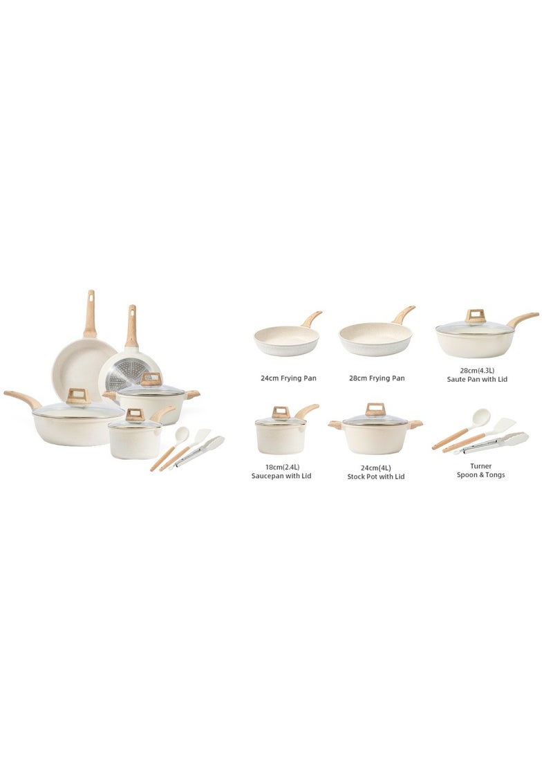 11 Piece Swiss Granite Coating Cookware Set Pots And Pans With Wooden Handles, Non-Stick, 1X24Cm Frying Pan, 1X28Cm Frying Pan, 1X28Cm Sauce Pan With Lid, 1X18Cm Sauce Pan With Lid, 1X24Cm Casserole With Lid, 1X Tongs, 1X Laddle, 1X Turner, Ice Cream