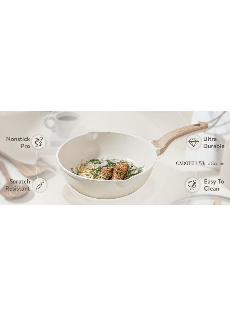 11 Piece Swiss Granite Coating Cookware Set Pots And Pans With Wooden Handles, Non-Stick, 1X24Cm Frying Pan, 1X28Cm Frying Pan, 1X28Cm Sauce Pan With Lid, 1X18Cm Sauce Pan With Lid, 1X24Cm Casserole With Lid, 1X Tongs, 1X Laddle, 1X Turner, Ice Cream
