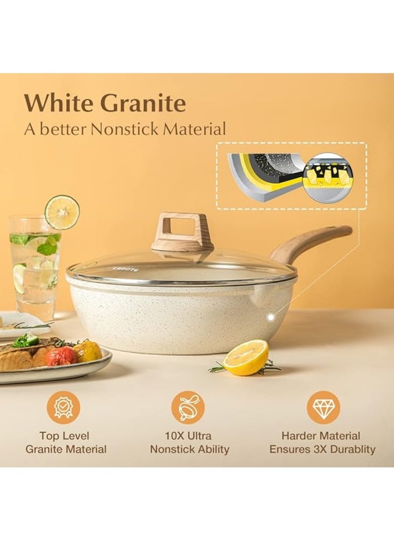 11 Piece Swiss Granite Coating Cookware Set Pots And Pans With Wooden Handles, Non-Stick, 1X24Cm Frying Pan, 1X28Cm Frying Pan, 1X28Cm Sauce Pan With Lid, 1X18Cm Sauce Pan With Lid, 1X24Cm Casserole With Lid, 1X Tongs, 1X Laddle, 1X Turner, Ice Cream