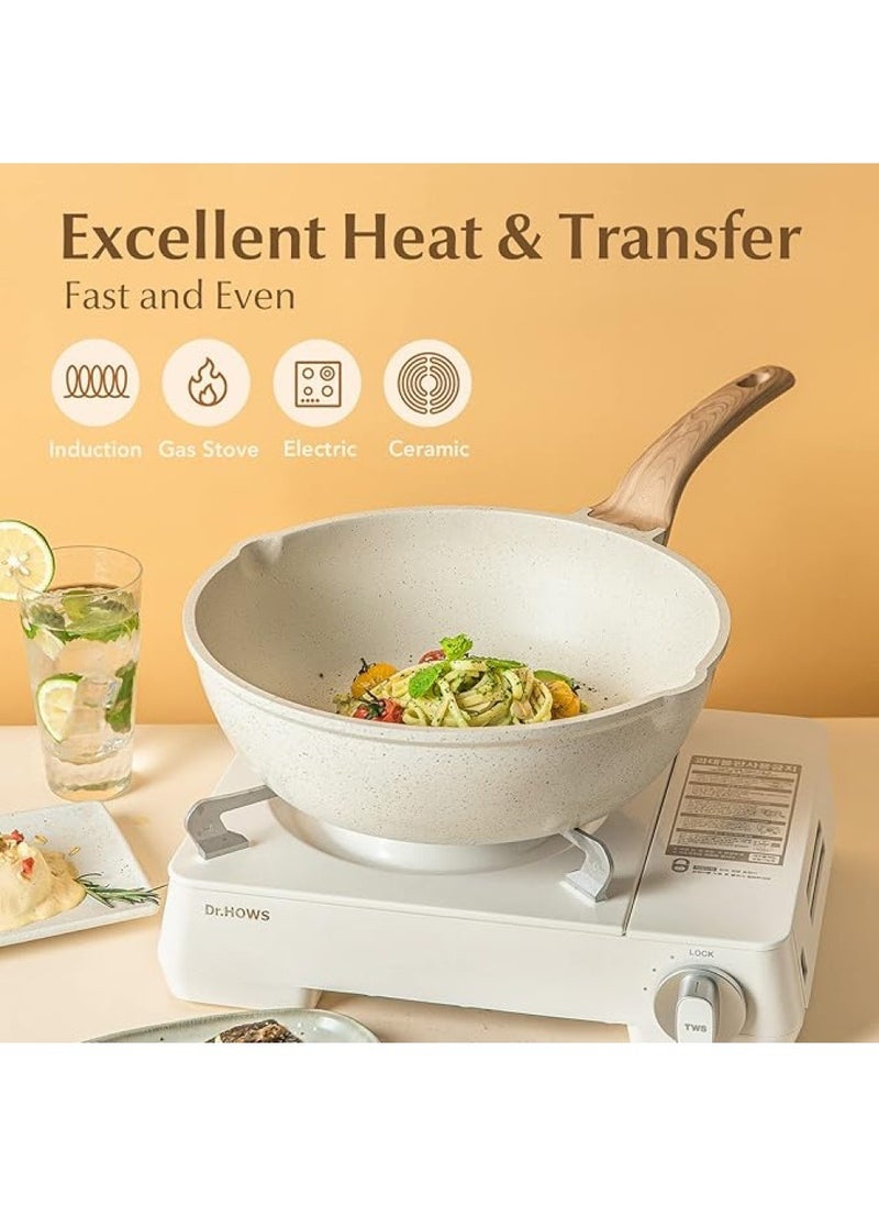 11 Piece Swiss Granite Coating Cookware Set Pots And Pans With Wooden Handles, Non-Stick, 1X24Cm Frying Pan, 1X28Cm Frying Pan, 1X28Cm Sauce Pan With Lid, 1X18Cm Sauce Pan With Lid, 1X24Cm Casserole With Lid, 1X Tongs, 1X Laddle, 1X Turner, Ice Cream