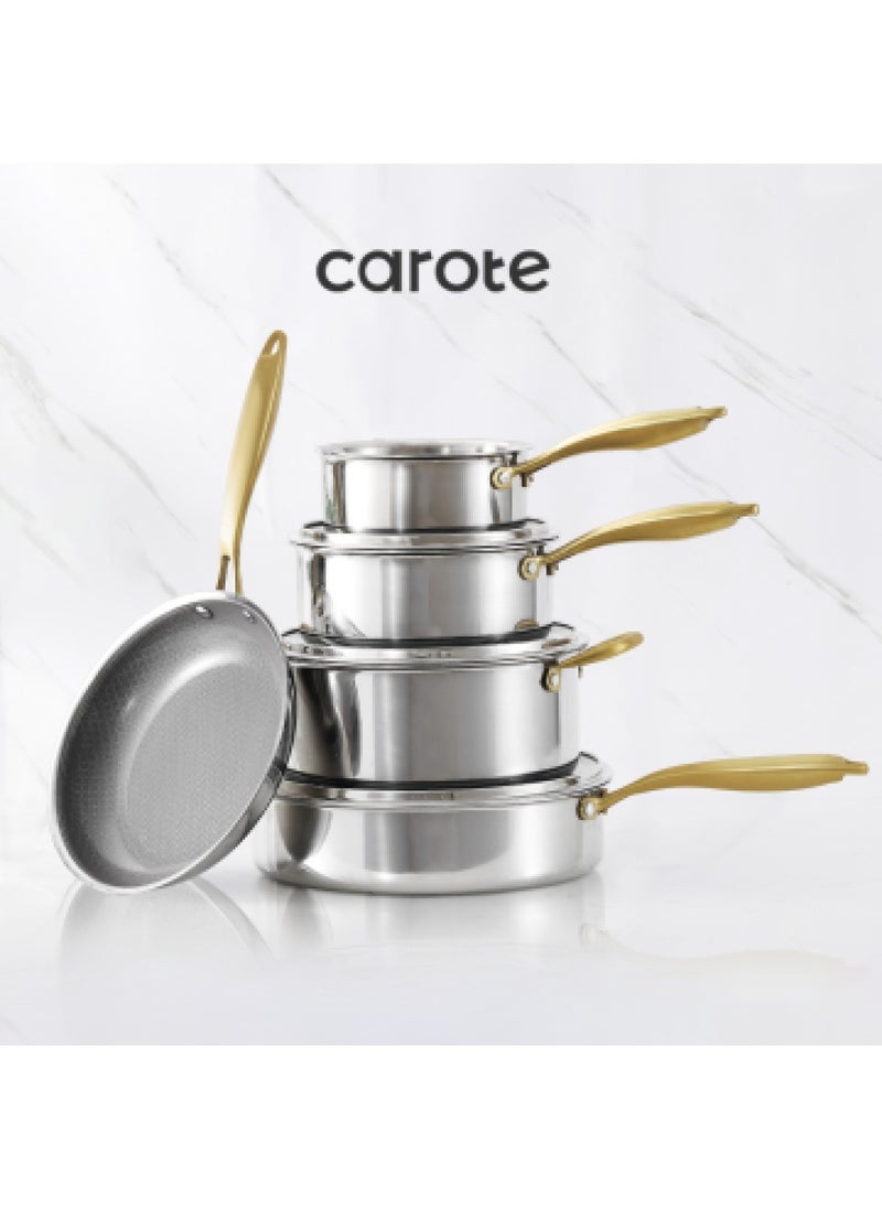 10 Piece Premium Heavy Stainless steel Tri-ply Bottom Cookware Set with Honeycomb design, gold handles, 1X16Cm Frying Pan, 1X24Cm Frying Pan, 1X28Cm Frying Pan, 1X28Cm Saucepan with Lid, 1X16Cm Saucepan, 1X20Cm Saucepan with Lid, 1x24Cm Casserole with Lid, Silver