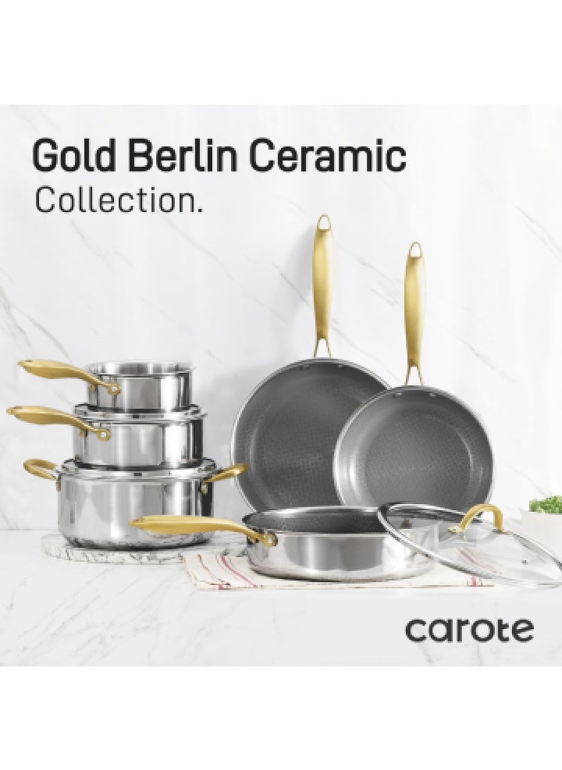 10 Piece Premium Heavy Stainless steel Tri-ply Bottom Cookware Set with Honeycomb design, gold handles, 1X16Cm Frying Pan, 1X24Cm Frying Pan, 1X28Cm Frying Pan, 1X28Cm Saucepan with Lid, 1X16Cm Saucepan, 1X20Cm Saucepan with Lid, 1x24Cm Casserole with Lid, Silver