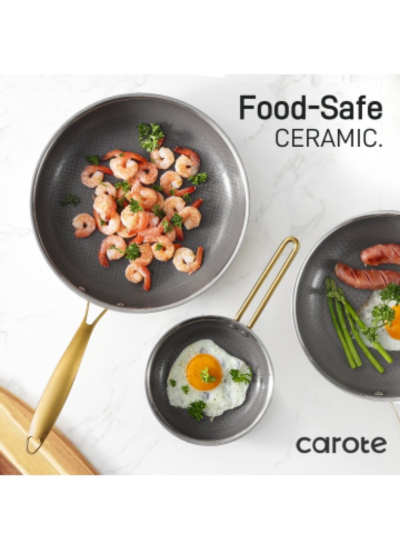 10 Piece Premium Heavy Stainless steel Tri-ply Bottom Cookware Set with Honeycomb design, gold handles, 1X16Cm Frying Pan, 1X24Cm Frying Pan, 1X28Cm Frying Pan, 1X28Cm Saucepan with Lid, 1X16Cm Saucepan, 1X20Cm Saucepan with Lid, 1x24Cm Casserole with Lid, Silver