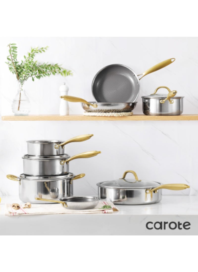 10 Piece Premium Heavy Stainless steel Tri-ply Bottom Cookware Set with Honeycomb design, gold handles, 1X16Cm Frying Pan, 1X24Cm Frying Pan, 1X28Cm Frying Pan, 1X28Cm Saucepan with Lid, 1X16Cm Saucepan, 1X20Cm Saucepan with Lid, 1x24Cm Casserole with Lid, Silver