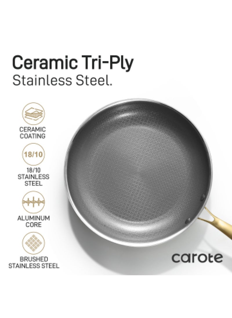 10 Piece Premium Heavy Stainless steel Tri-ply Bottom Cookware Set with Honeycomb design, gold handles, 1X16Cm Frying Pan, 1X24Cm Frying Pan, 1X28Cm Frying Pan, 1X28Cm Saucepan with Lid, 1X16Cm Saucepan, 1X20Cm Saucepan with Lid, 1x24Cm Casserole with Lid, Silver