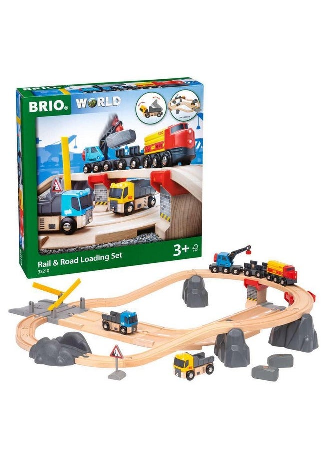 World 33210 - Rail & Road Loading Set - 32 Piece Wooden Train Set | Ideal For Kids Aged 3+ | With Special Crane Car & Flatbed Idea