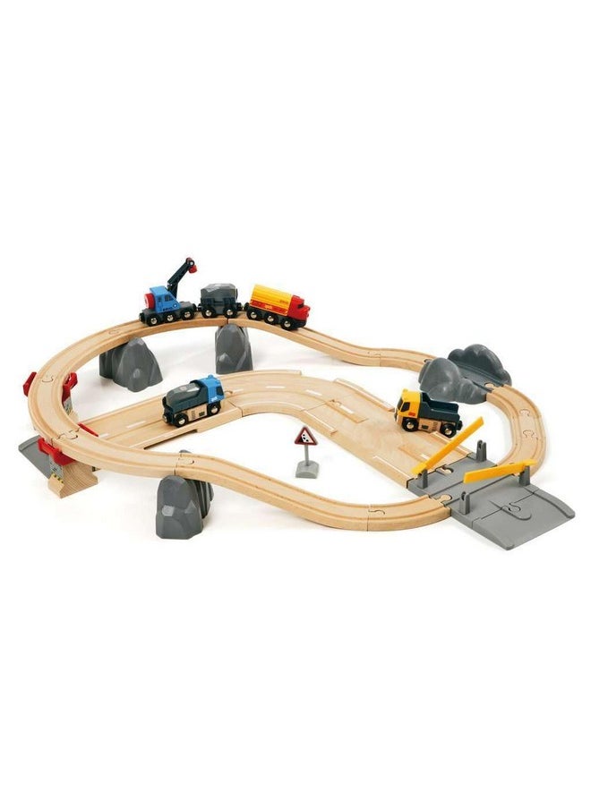 World 33210 - Rail & Road Loading Set - 32 Piece Wooden Train Set | Ideal For Kids Aged 3+ | With Special Crane Car & Flatbed Idea