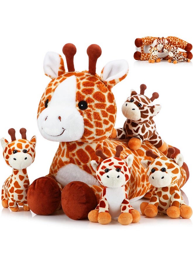 5 Pcs Giraffe Stuffed Animals Set 18'' Large Mommy Giraffe Plush With 4 Cute Baby Giraffes Zippered Tummy Soft Giraffe Gifts For Boy Girl Birthday Christmas Favors Forest Party Decor(Grovel)